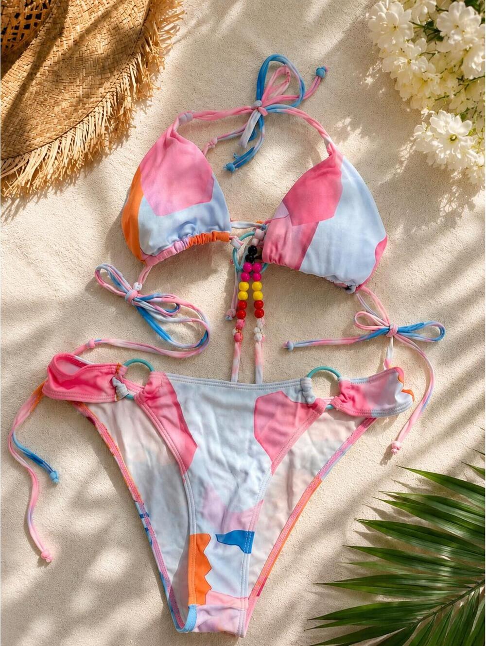 Pastel Geometric Beaded String Bikini Set Size M